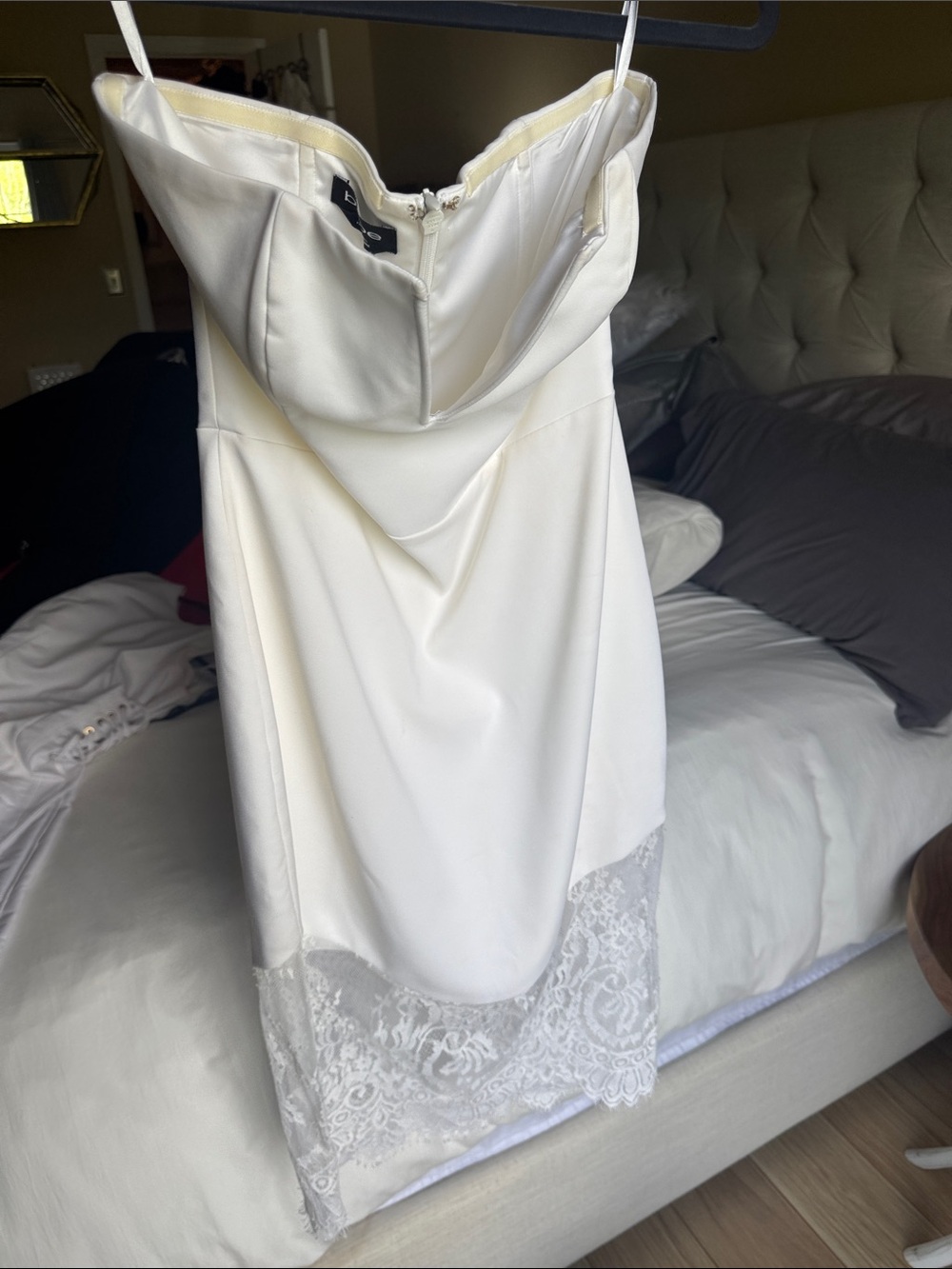 bebe Strapless Cream Lace-Hem Midi Dress